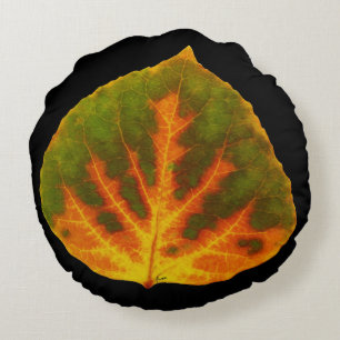 Green Orange & Yellow Aspen Leaf #1 Round Cushion