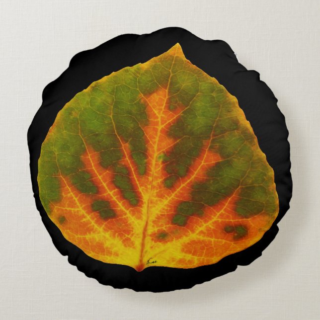 Green Orange & Yellow Aspen Leaf #1 Round Cushion (Back)