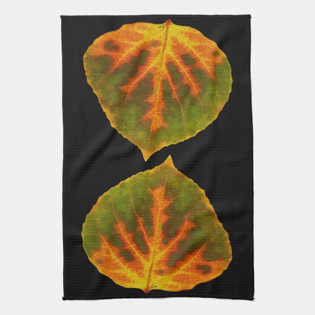Green Orange & Yellow Aspen Leaf #1 Tea Towel (Vertical)