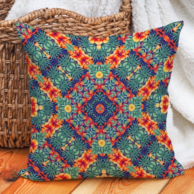 Green Orange Yellow Blue Abstract Tropical Pattern Cushion (Creator Uploaded)