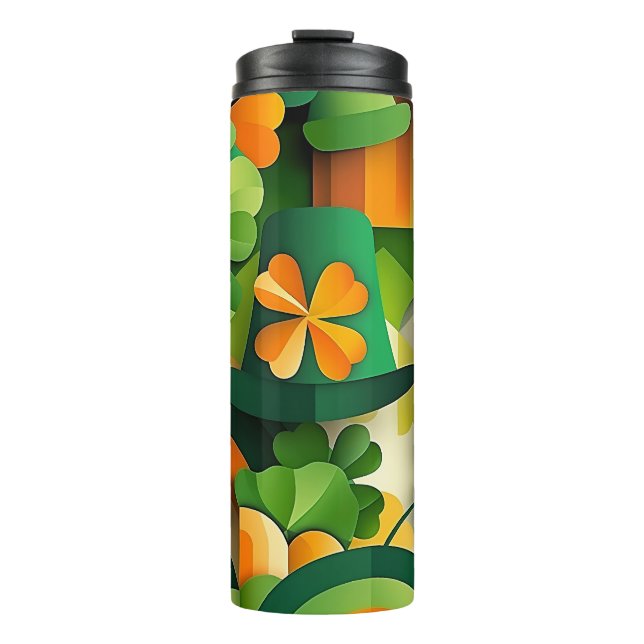 GREEN ORANGE YELLOW IRISH STRIPES & SHAMROCKS THERMAL TUMBLER (Front)