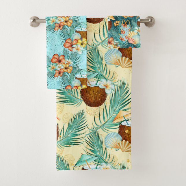 GREEN ORANGE YELLOW TROPICAL HIBISCUS FLOWERS BATH TOWEL SET (Insitu)
