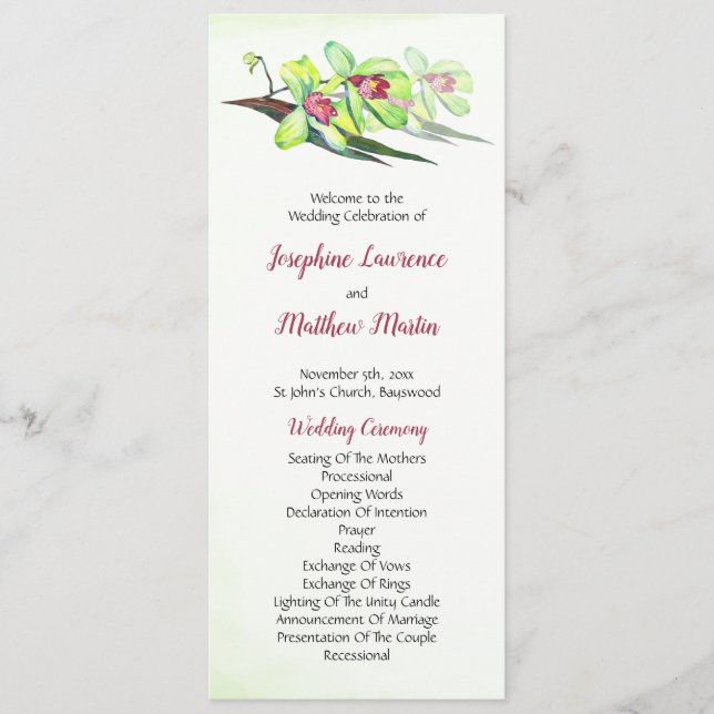 Green Orchid Burgundy Tropical Wedding Ceremony Program (Front)
