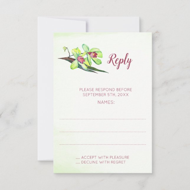 Green Orchid Marsala Wedding Reply Cards (Front)