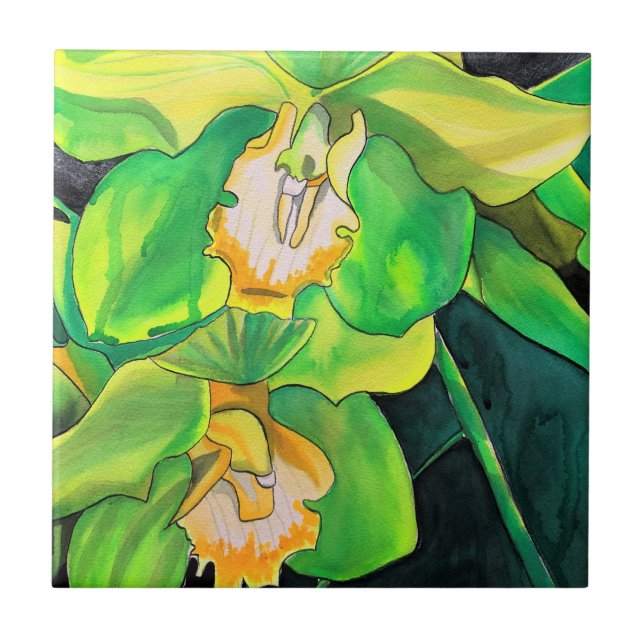 Green Orchid watercolor pop art Ceramic Tile (Front)