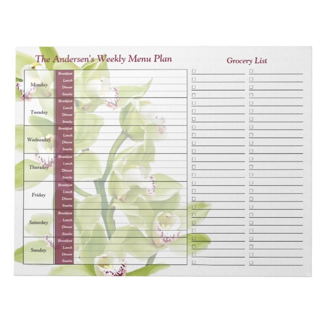 Green Orchid Weekly Personalised Meal Planner Notepad (Front)