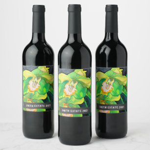 Green Orchids watercolor floral art wine label
