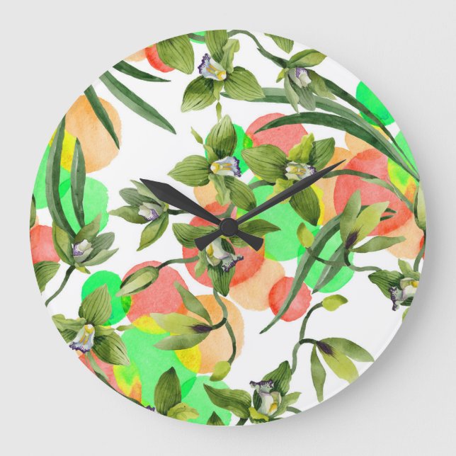 Green orchids: watercolor floral seamless. large clock (Front)