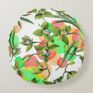 Green orchids: watercolor floral seamless. round cushion