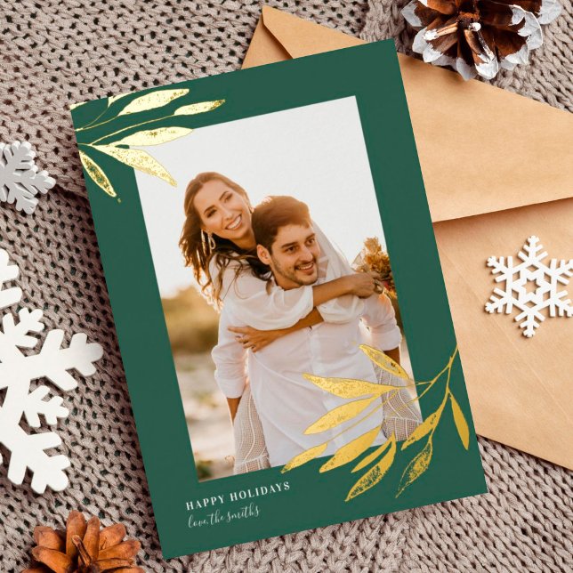 Green Organic Natural Christmas Wedding Photo Gold Foil Holiday Card (Creator Uploaded)