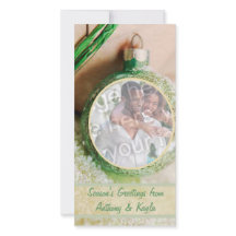 Green Ornament And Snow Photo Holiday Card