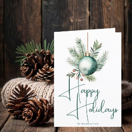 Green Ornament Trendy Happy Holidays Script Holiday Card