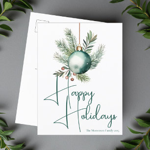 Green Ornament Trendy Happy Holidays Script Holiday Postcard