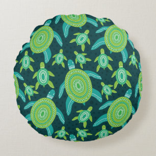 Green ornament turtles: vintage pattern. round cushion