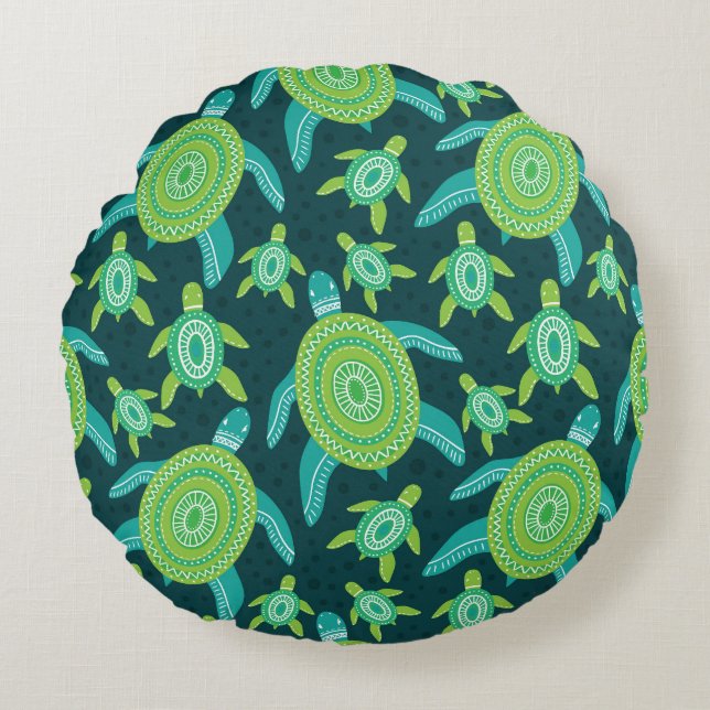 Green ornament turtles: vintage pattern. round cushion (Front)
