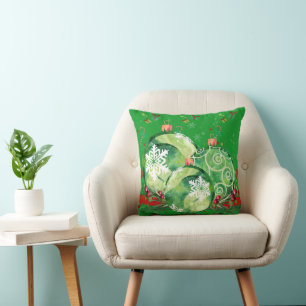 Green Ornaments and Red Berries on Green  Cushion
