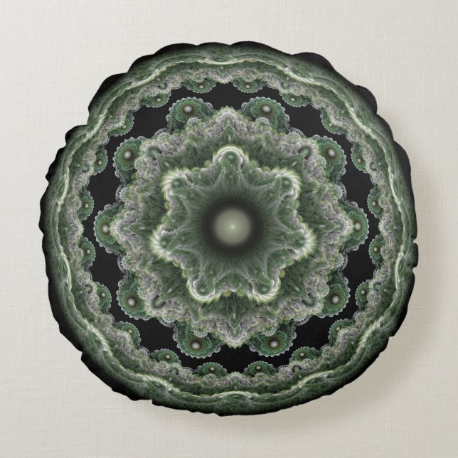Green ornate fractal round ornament cushion (Front)