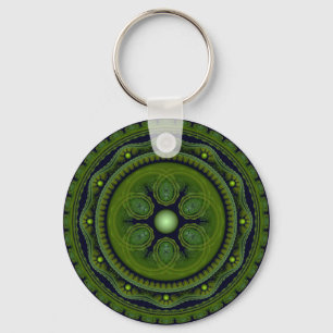 Green ornate fractal round ornament keychain
