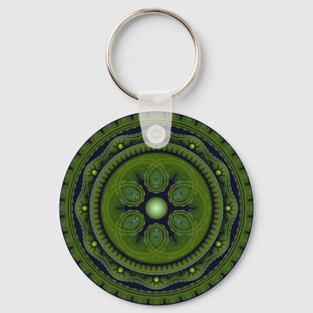 Green ornate fractal round ornament keychain (Front)
