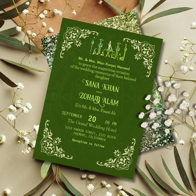 Green Ornate Nikah Islamic Wedding Invitation (Creator Uploaded)