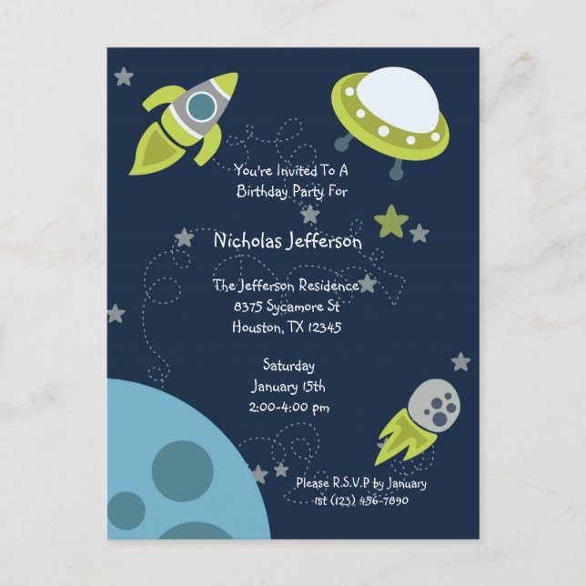Green Outer Space UFO Birthday Invitation Postcard (Front)