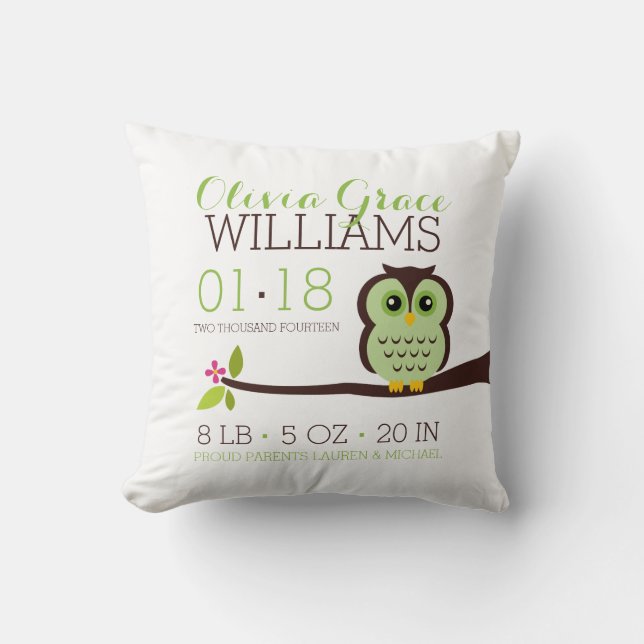 Green Owl Baby Birth Announcement Cushion (Front)
