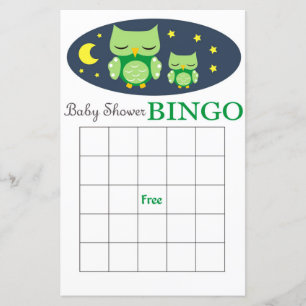 Green Owl baby shower bingo card