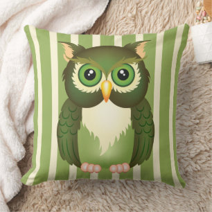 Green Owl Cotton Throw Pillow, 20" x 20" Cushion