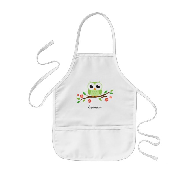 Green owl on flowering branch personalised name kids apron (Front)
