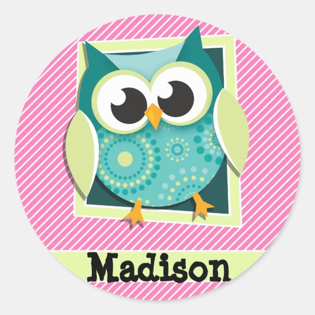 Green Owl on Pink & White Stripes Classic Round Sticker (Front)
