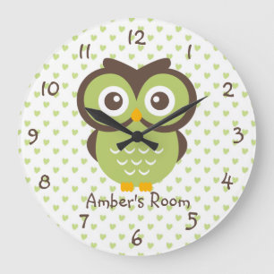 Green Owl Personalised Girl's Bedroom Large Clock