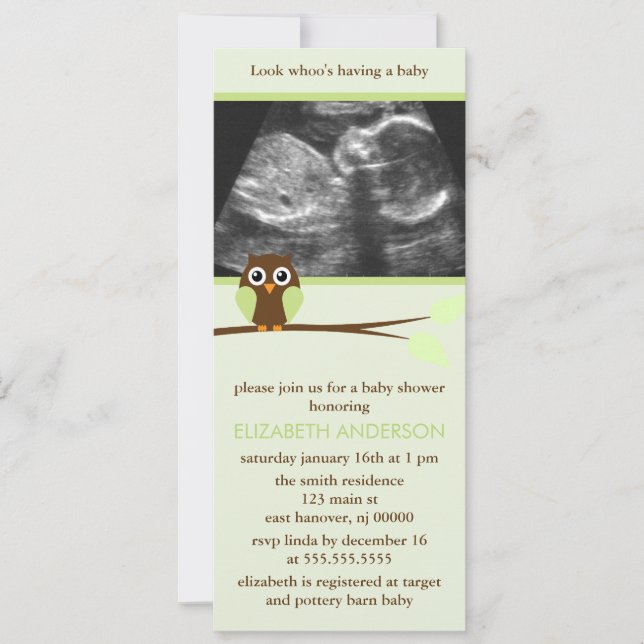 Green Owl Sonogram Baby Shower Invitation (Front)