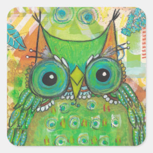 Green Owl Square Sticker