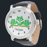 Green Owls Design Personalised Watch<br><div class="desc">Wrist watch owl design. You can customise this watch with any text of your choice. Should you require any help with customising then contact us through the message link on this page. Owl design personalised wrist watch.</div>