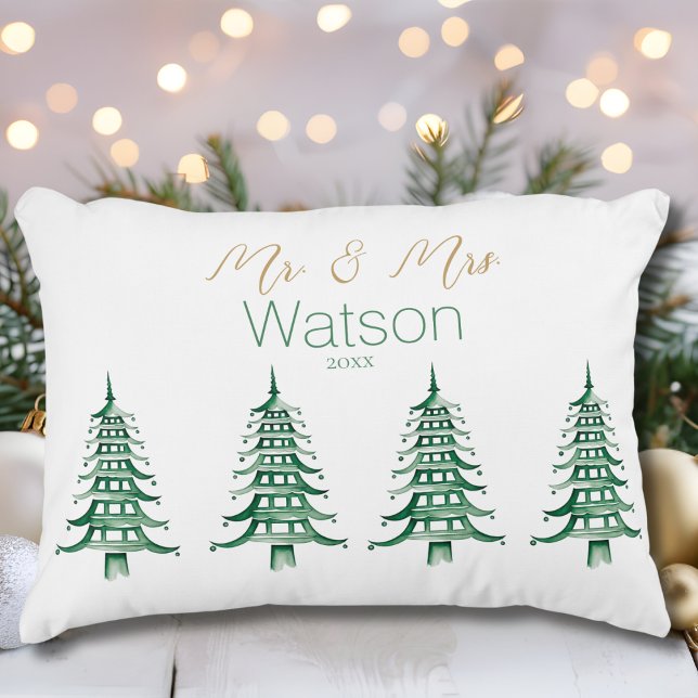 Green Pagoda Christmas Tree Mr. and Mrs. Decorative Cushion (Green Pagoda Christmas Tree Mr. and Mrs. Accent Pillow)
