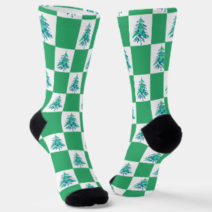 Green Painterly Xmas Tree Chequerboard Socks