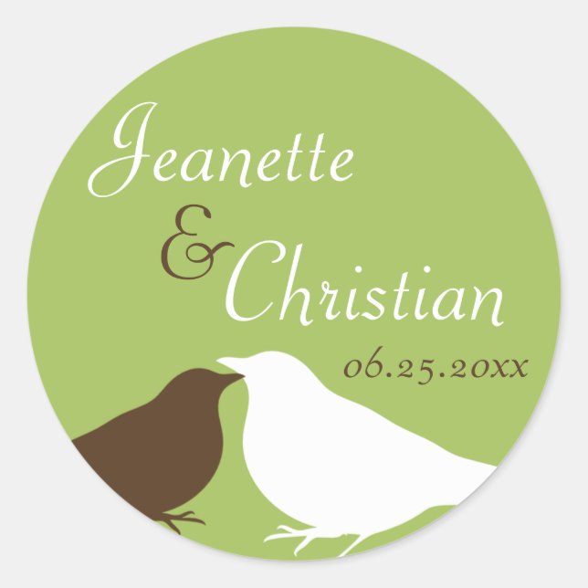 Green pair love birds wedding favour seal label (Front)