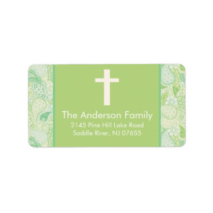 Green Paisley Cross Religious address Label