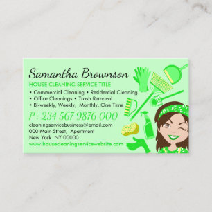 Green Palette Janitor Woman Cartoon House Cleaning Business Card