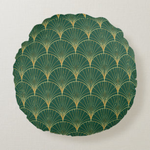 Green Palm Leaf Art Deco Round Cushion