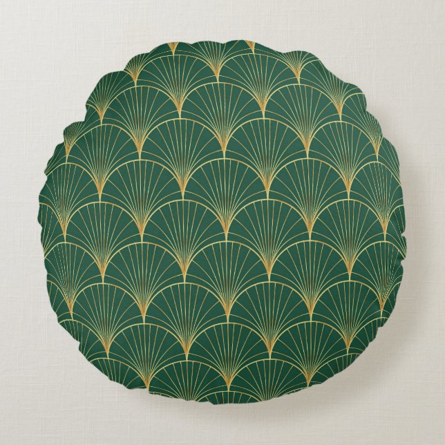 Green Palm Leaf Art Deco Round Cushion (Front)