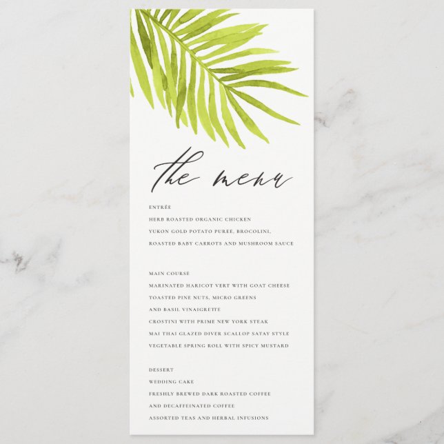 GREEN PALM LEAF WATERCOLOUR FOLIAGE GOLD MENU (Front)