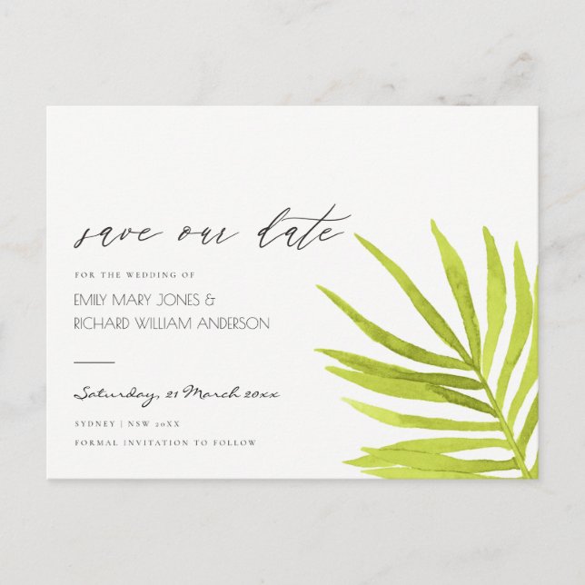 GREEN PALM LEAF WATERCOLOUR FOLIAGE SAVE THE DATE ANNOUNCEMENT POSTCARD (Front)