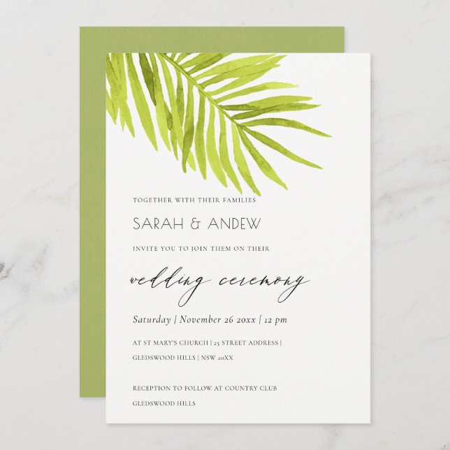 GREEN PALM LEAF WATERCOLOUR FOLIAGE WEDDING INVITATION (Front/Back)