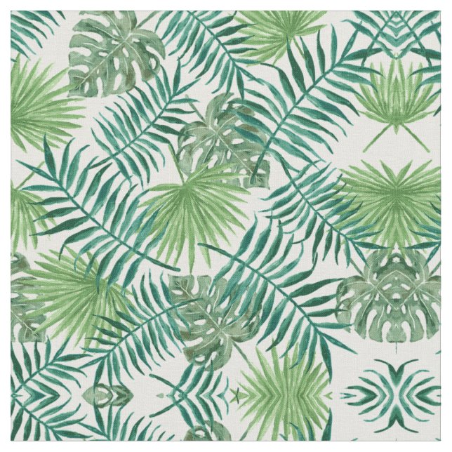 Green Palm Leaves Art Watercolor Fabric Pattern (Close Up)