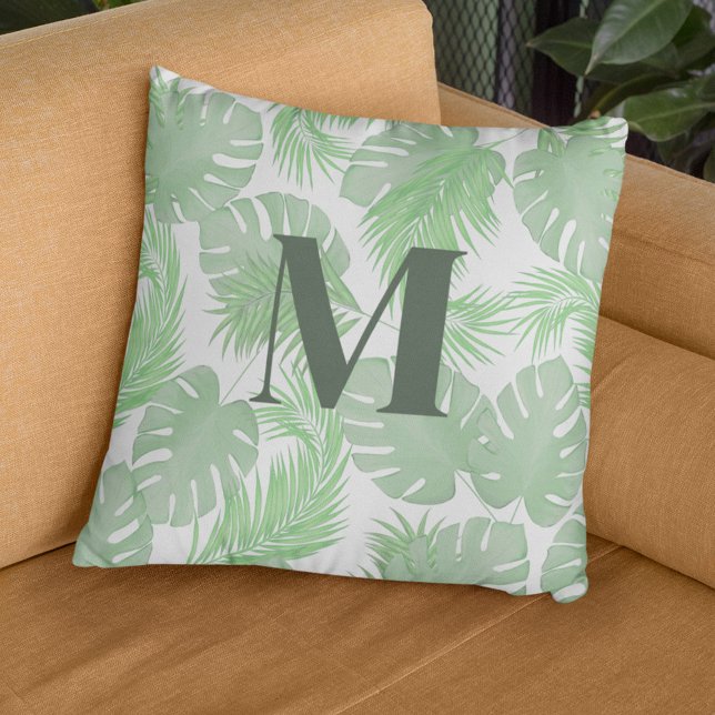 Green Palm Leaves Custom Monogram Cushion (palm leaves monogram pillow)