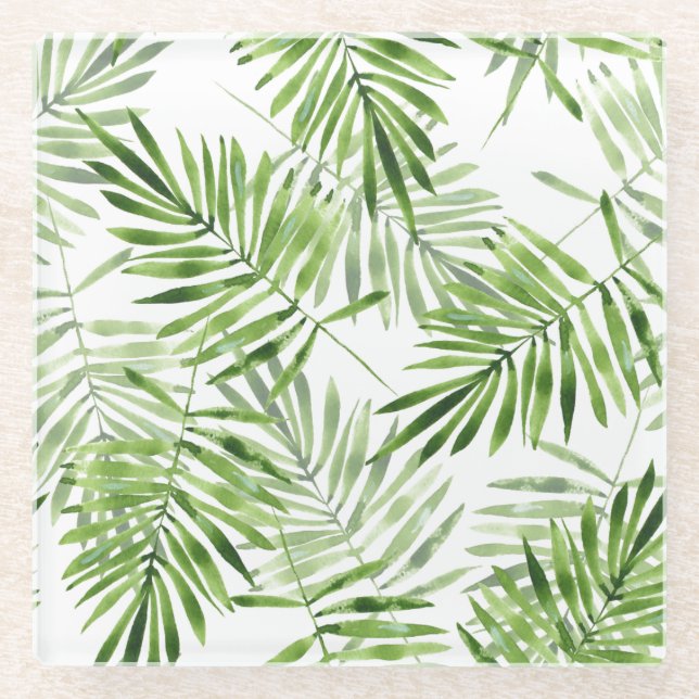 Green Palm Leaves Glass Coaster (Front)