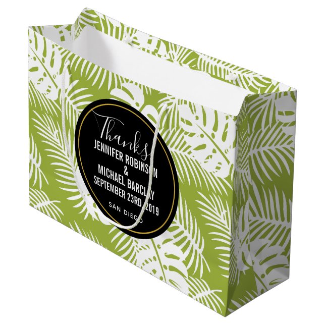 Green Palm Leaves Jungle Pattern Wedding Thanks Large Gift Bag (Front Angled)
