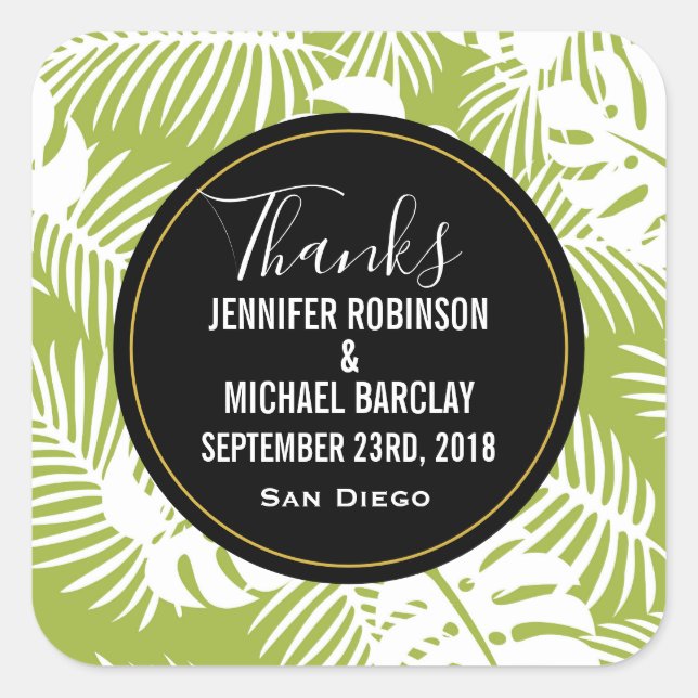 Green Palm Leaves Jungle Pattern Wedding Thanks Square Sticker (Front)