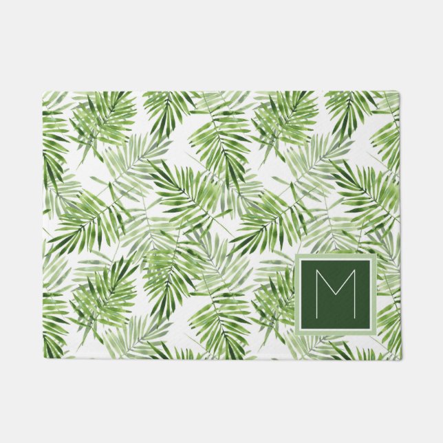 Green Palm Leaves | Monogram Doormat (Front)